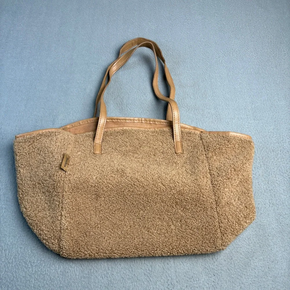 Neiman Marcus Faux Shearling Sherpa Tote Bag Camel Tan Brown Shoulder Bag
